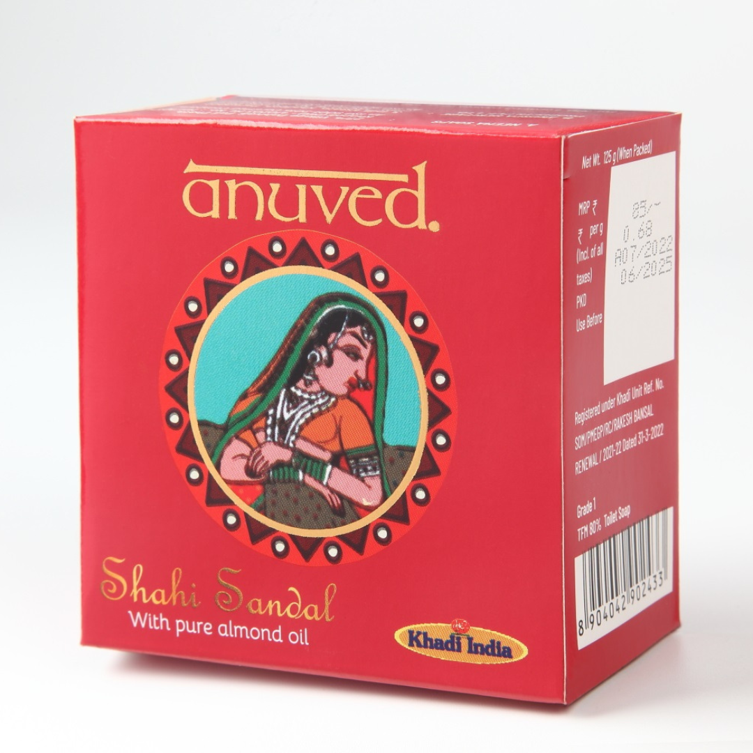 Anuved Herbal Shahi Sandal [Chandan] Soap enriched with Rishikesh Gangajal contains pure Sandalwood & Almond Oil for soft & glowing skin 125gms