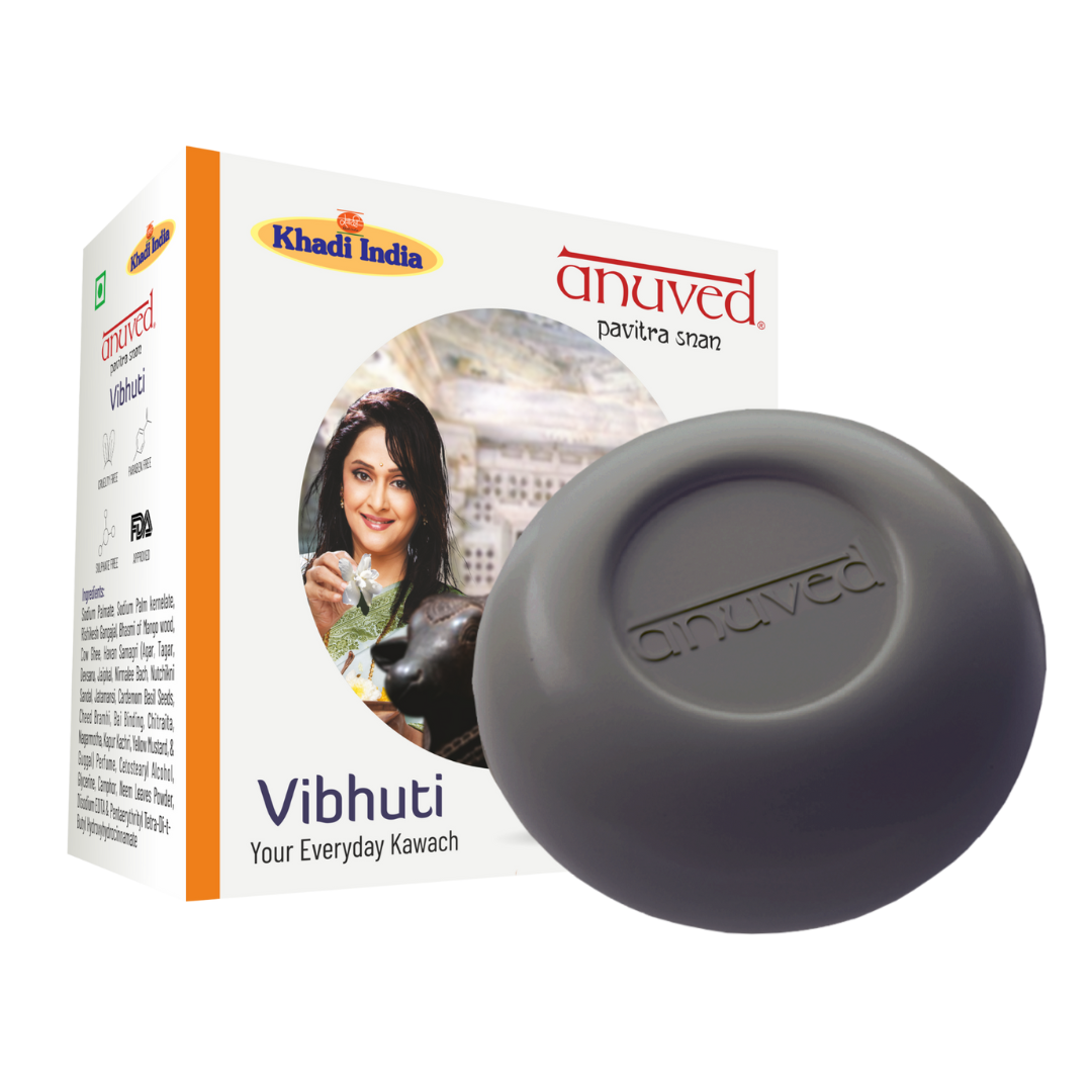 Anuved Herbal Vibhuti Soap enriched with Rishikesh Gangajal is a natural Scrub infused with ashes of Sacred Herbs. This paraben free and cruelty free soap is a treat for your skin & soul 125gms