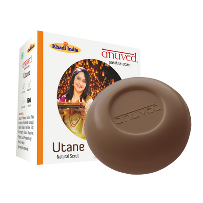 Anuved Herbal Utane [Ubtan] Soap is a natural, exfoliating wholesome cleansing Scrub enriched with 15 Exotic Indian Herbs & Rishikesh Gangajal for soft & glowing skin 125gms