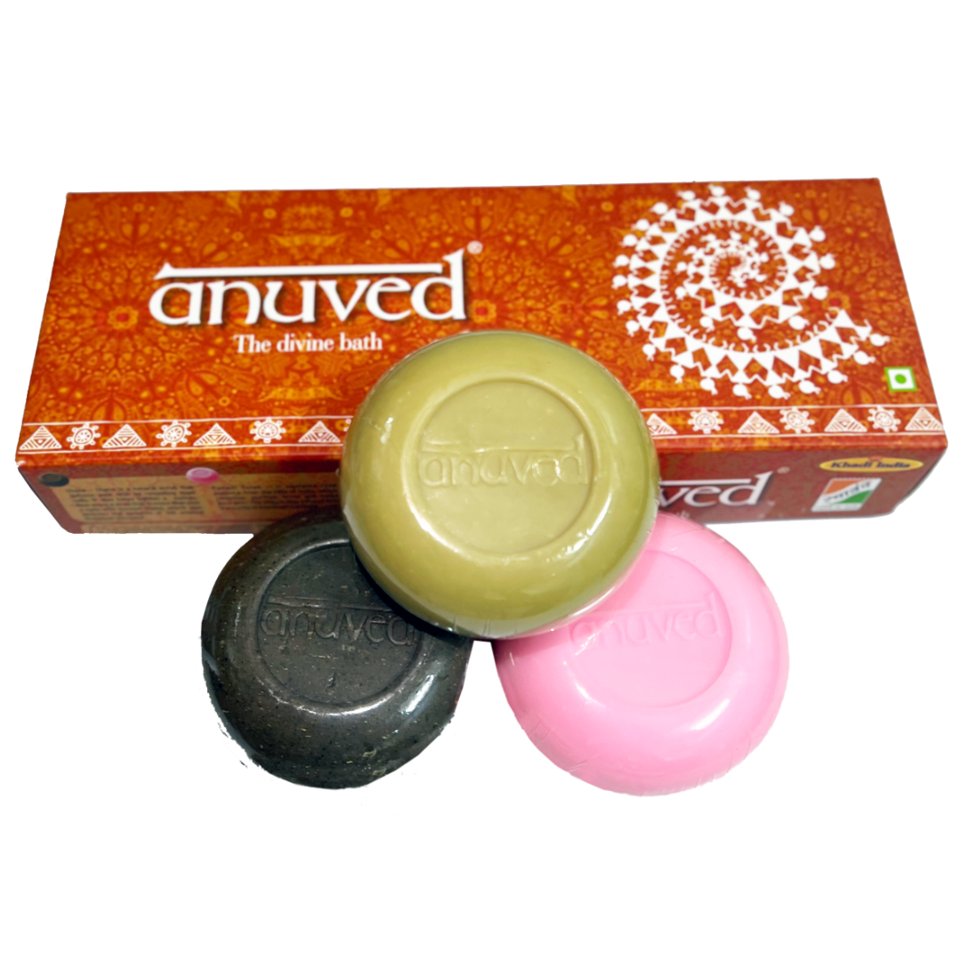 Anuved Celebration Pack contains Utane [Ubtan], Chandanam [Sandalwood] & Pahadi Gulab [Rose] Herbal Soaps for oily skin & for total skin repair | Paraben Free, Cruelty Free 125gms each (Set of 3)