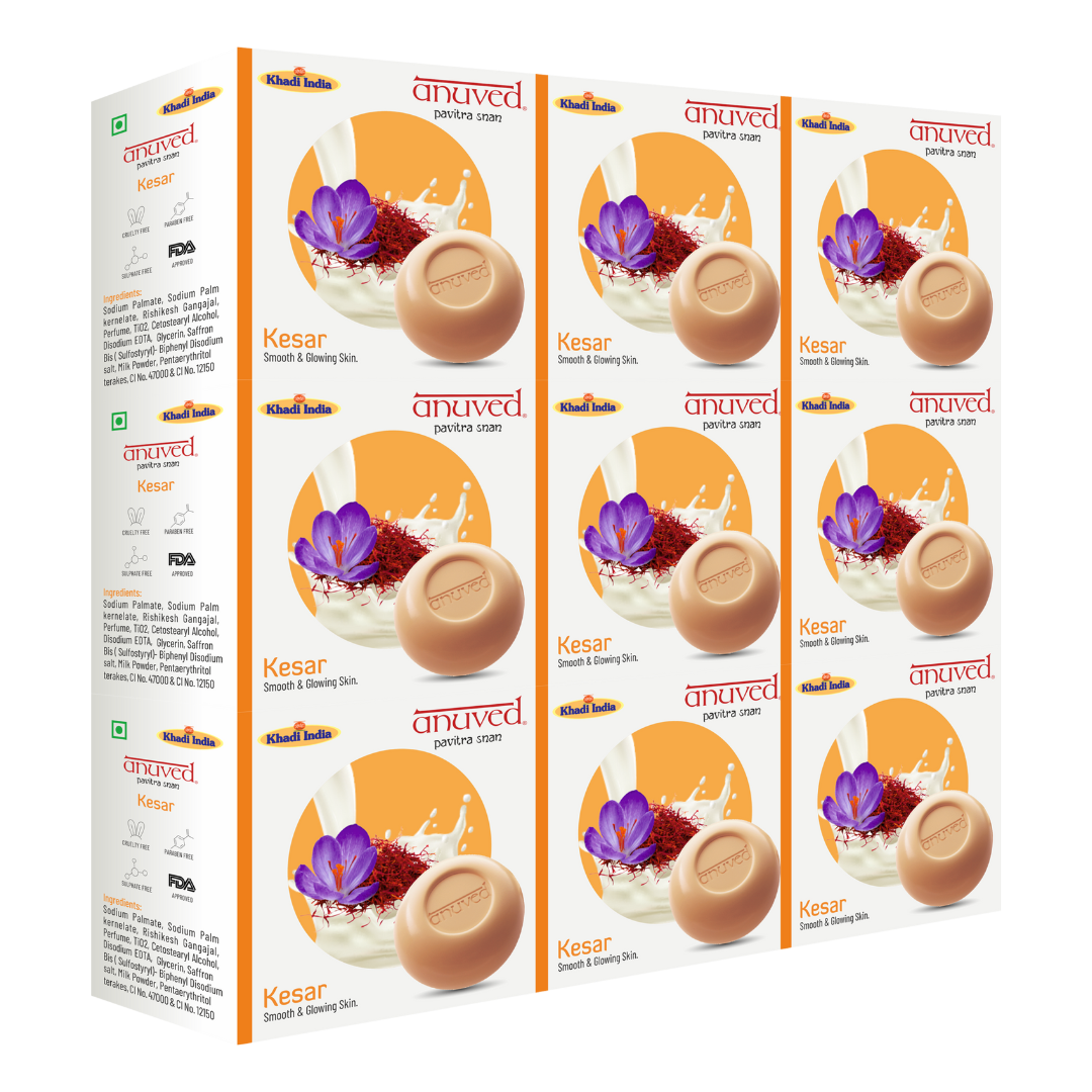 Anuved Herbal Kesar [Saffron] Soap enriched with Rishikesh Gangajal is a natural moisturizing soap. It contains Saffron & Cow Milk for smooth & glowing skin, Pack Of 9, 100gm Each