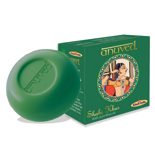 Anuved Herbal Shahi Khus [Vetiver] Soap with pure Khus Oil and enriched with Rishikesh Gangajal leaves a calming, relaxing & soothing effect 125 gms