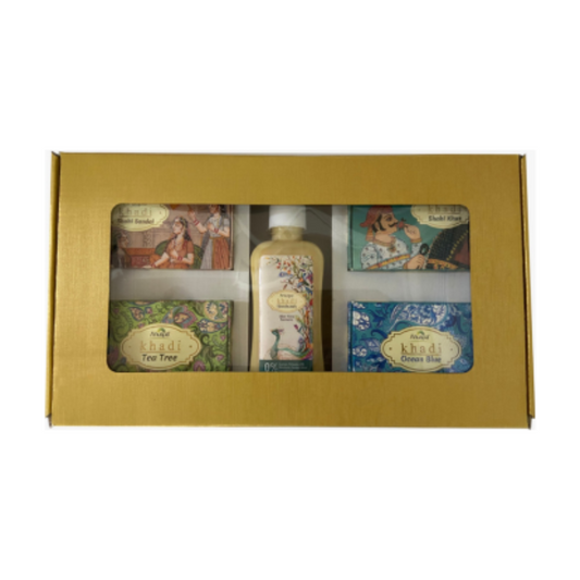 Anuspa Handcrafted Khadi Gift Set includes Shahi Khus, Shahi Sandal, Tea Tree, Ocean Blue and Sulphate Free Handwash.
