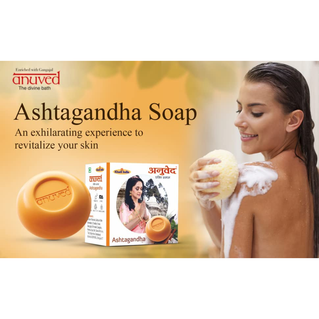 Anuved Herbal Ashtagandha Soap enriched with Rishikesh Gangajal for revitalizing your skin and senses. It contains 8 ancient Indian herbs (Tulsi, Durva, Bhimseni, Camphor, Bel, Chandan, Kesar, Heena, Agar) 125gms