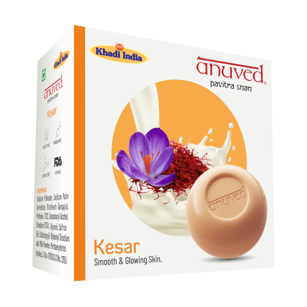 Anuved Herbal Kesar [Saffron] Soap enriched with Rishikesh Gangajal is a natural moisturizing soap. It contains Saffron & Cow Milk for smooth & glowing skin, Pack Of 9, 100gm Each