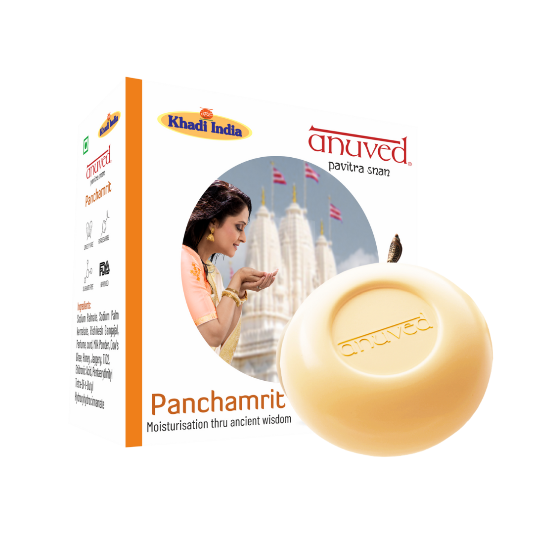 Anuved Herbal Panchamrit Soap enriched with Rishikesh Gangajal for healing & moisturizing your skin. It contains pure Cow Milk, Curd, Ghee, Jaggery & Honey 125gms