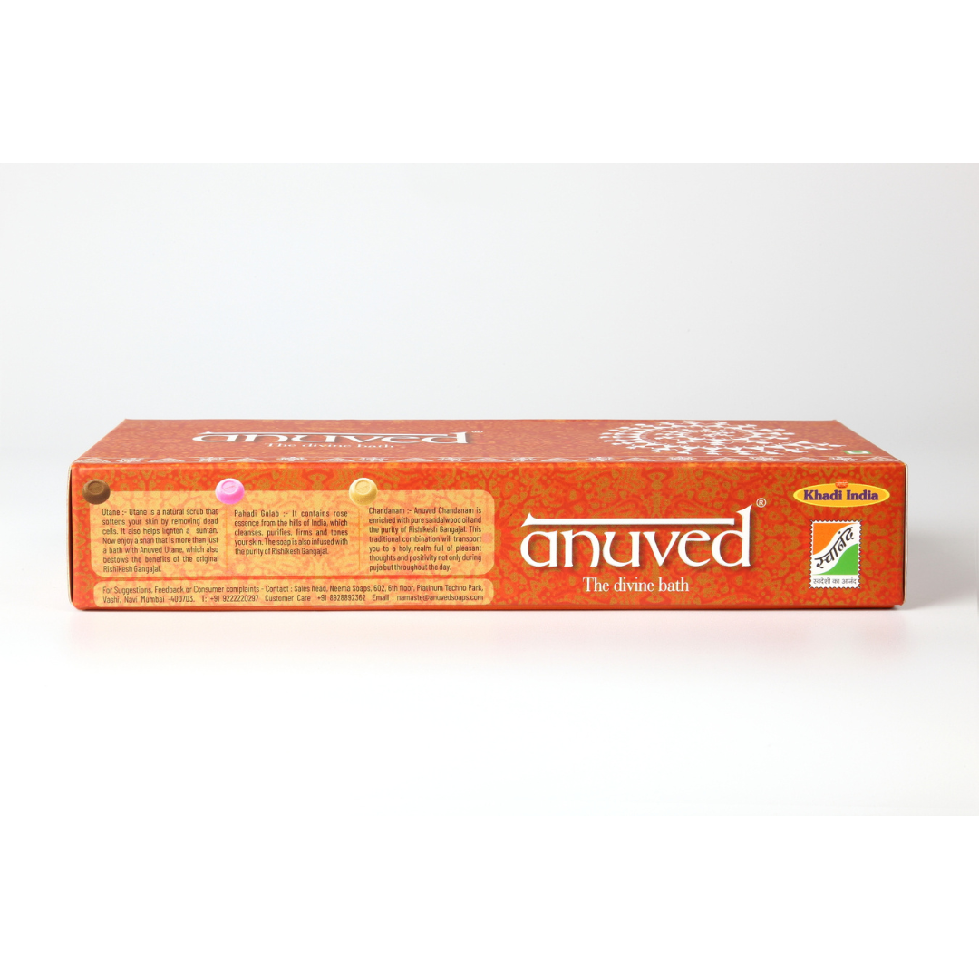 Anuved Celebration Pack contains Utane [Ubtan], Chandanam [Sandalwood] & Pahadi Gulab [Rose] Herbal Soaps for oily skin & for total skin repair | Paraben Free, Cruelty Free 125gms each (Set of 3)