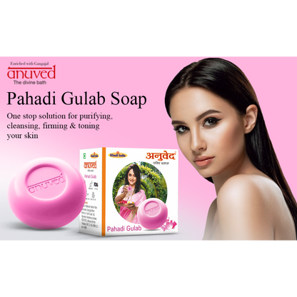 Anuved Herbal Pahadi Gulab [Rose] Soap enriched with Rishikesh Gangajal and pure Rose Water for cooling, toning & hydrating your skin into a glowing, soft, petal-like skin 125gms