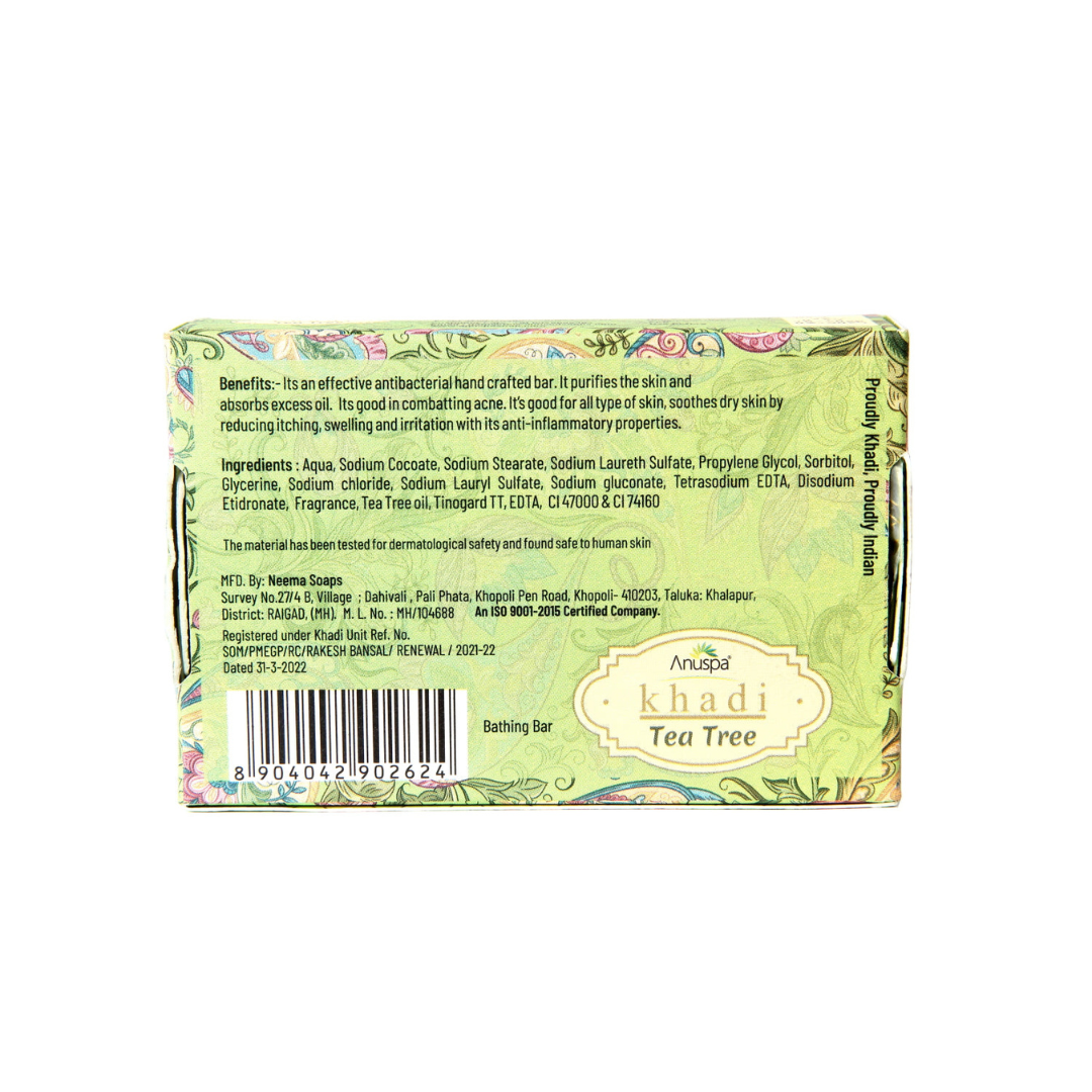 Anuspa Khadi Handcrafted Herbal Tea Tree Bathing Bar purifies the skin 125gms