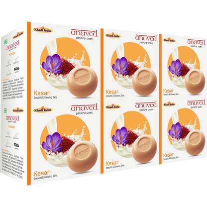 Anuved Herbal Kesar [Saffron] Soap enriched with Rishikesh Gangajal is a natural moisturizing soap. It contains Saffron & Cow Milk for smooth & glowing skin 125gms