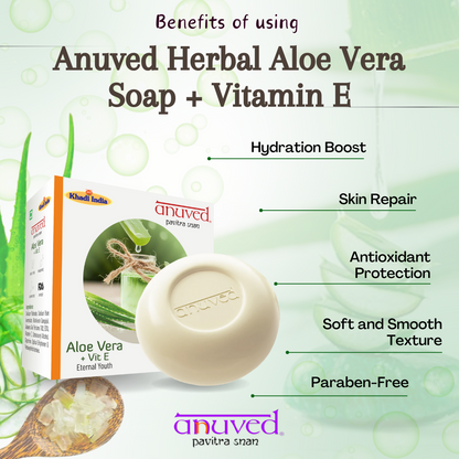 Anuved Herbal Aloe Vera Soap with Vitamin E enriched with Rishikesh Gangajal. It is an effective cleanser & skin moisturizer for eternal youthfulness 125gms