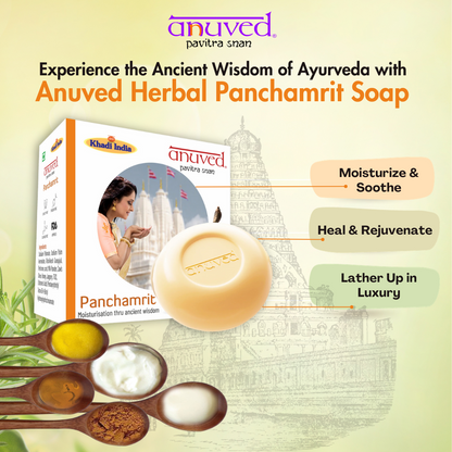 Anuved Herbal Panchamrit Soap enriched with Rishikesh Gangajal for healing & moisturizing your skin. It contains pure Cow Milk, Curd, Ghee, Jaggery & Honey 125gms