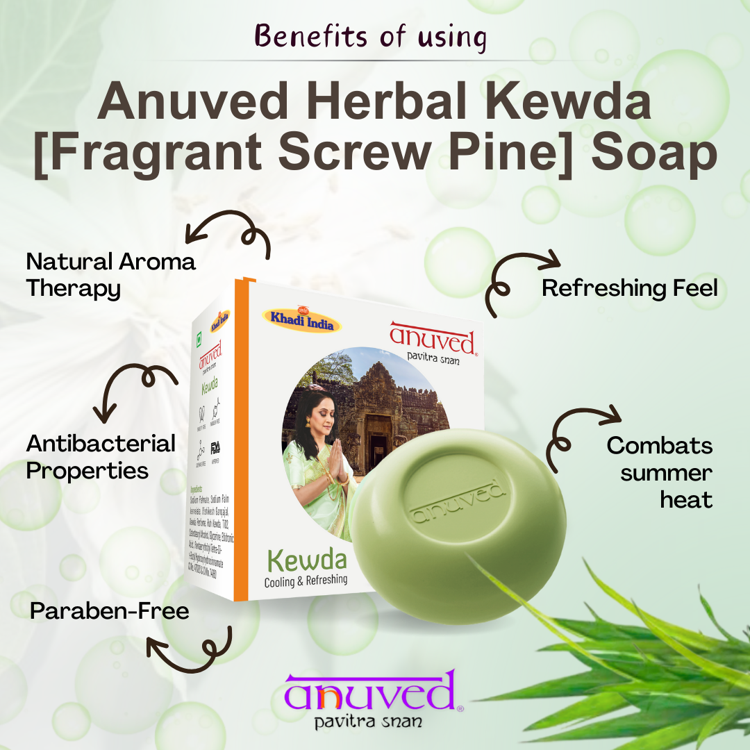 Anuved Herbal Kewda [Fragrant Screw Pine] Soap enriched with Rishikesh Gangajal and Kewda (Lord Ganesha's favorite flower) Extracts for cooling & refreshing your skin resulting in radiant skin 125gms