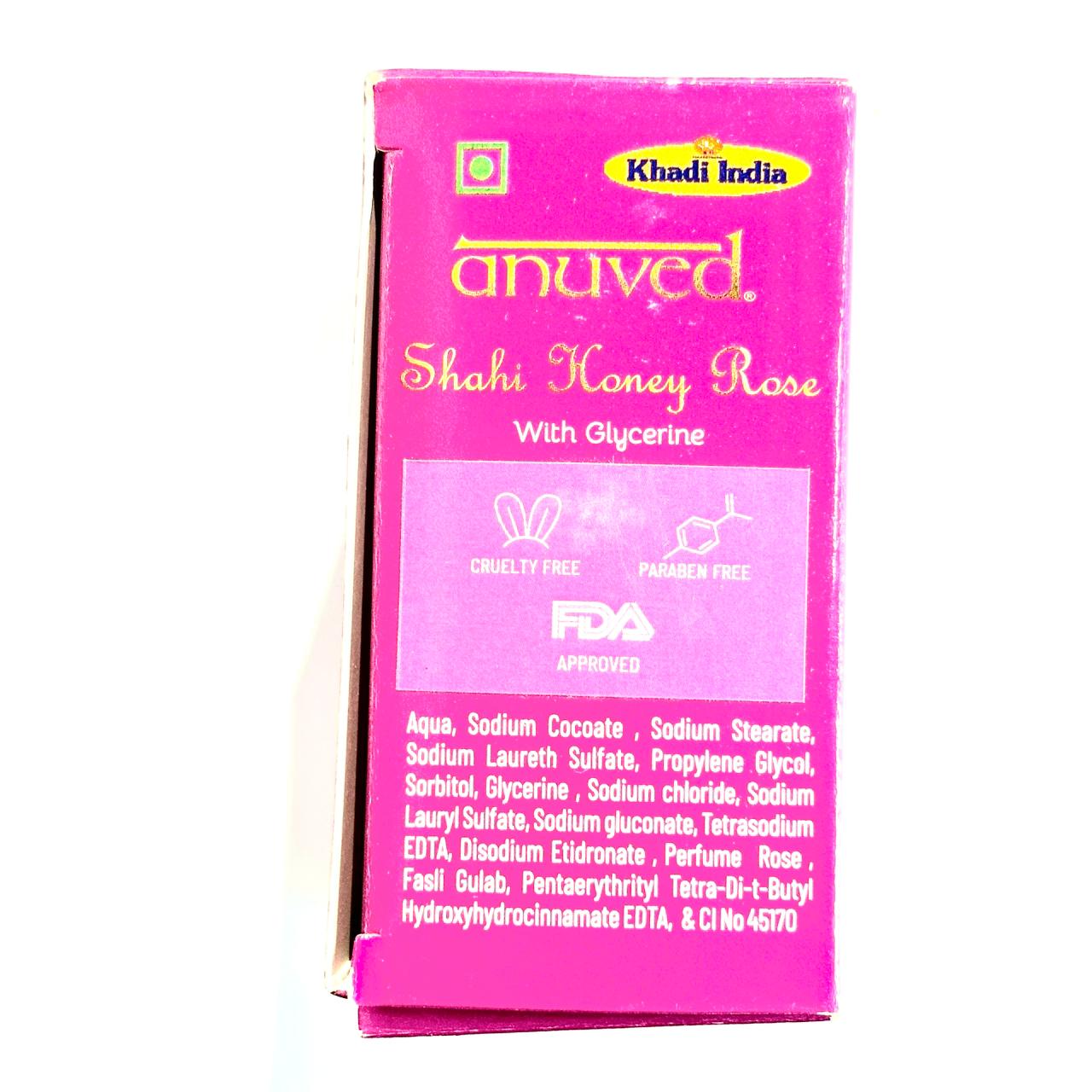 Anuved Herbal Shahi Honey Rose Bathing Bar is transparent, enriched with Rishikesh Gangajal, Glycerine & pure Honey for luxurious blend of rejuvenating harmony 125gms