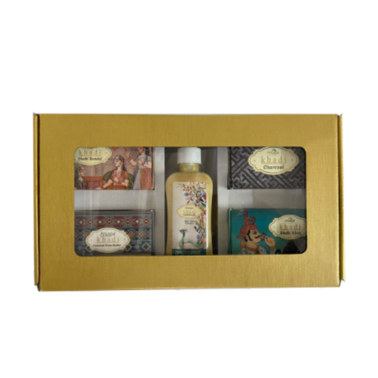 Anuspa Handcrafted Sulphate-Free Khadi Gift Set includes Shahi Khus, Shahi Sandal, Charcoal, Coconut Shea Butter and Sulphate Free Handwash.