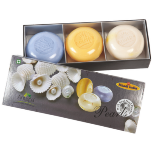 Anuspa Herbal Pearl Gift Pack enriched with real Pearl powder contains Kesar [Saffron] & Milk, Sandal [Chandan] with Almond Oil and Lavender with Jojoba Oil Soaps 125gms each (Set of 3)