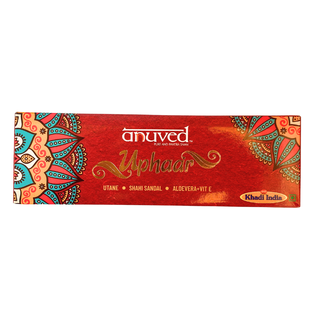 Anuved Uphaar Gift Set contains Utane[Ubtan], Shahi Sandal and Aloevera + Vitamin E Herbal Soaps - 100gms each (Set of 3)