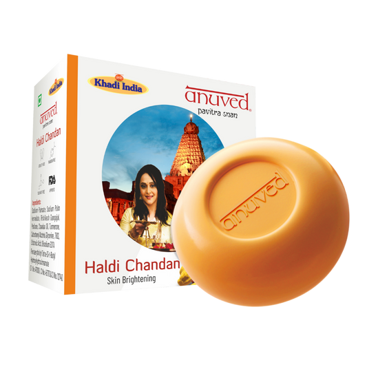 Anuved Herbal Haldi Chandan Soap with Turmeric & Sandalwood oil is an authentic bathing soap for brightening & moisturizing your skin 125gms