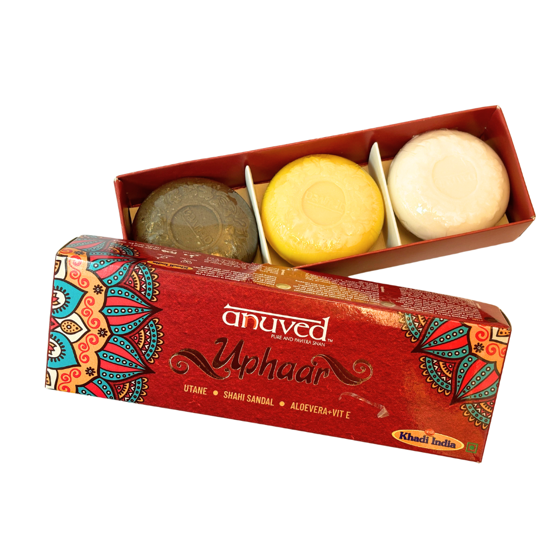 Anuved Uphaar Gift Set contains Utane[Ubtan], Shahi Sandal and Aloevera + Vitamin E Herbal Soaps - 100gms each (Set of 3)