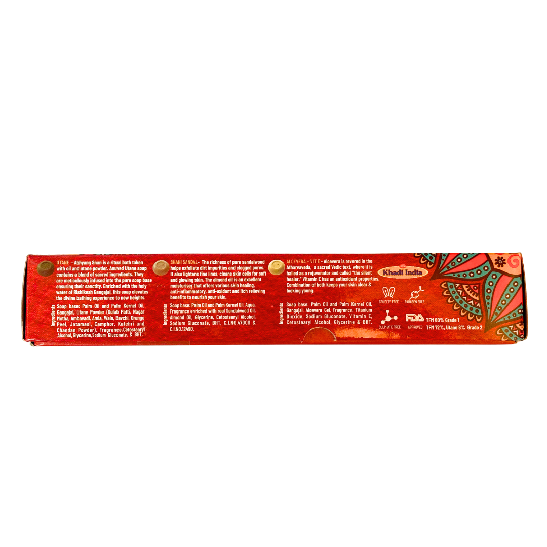 Anuved Uphaar Gift Set contains Utane[Ubtan], Shahi Sandal and Aloevera + Vitamin E Herbal Soaps - 100gms each (Set of 3)