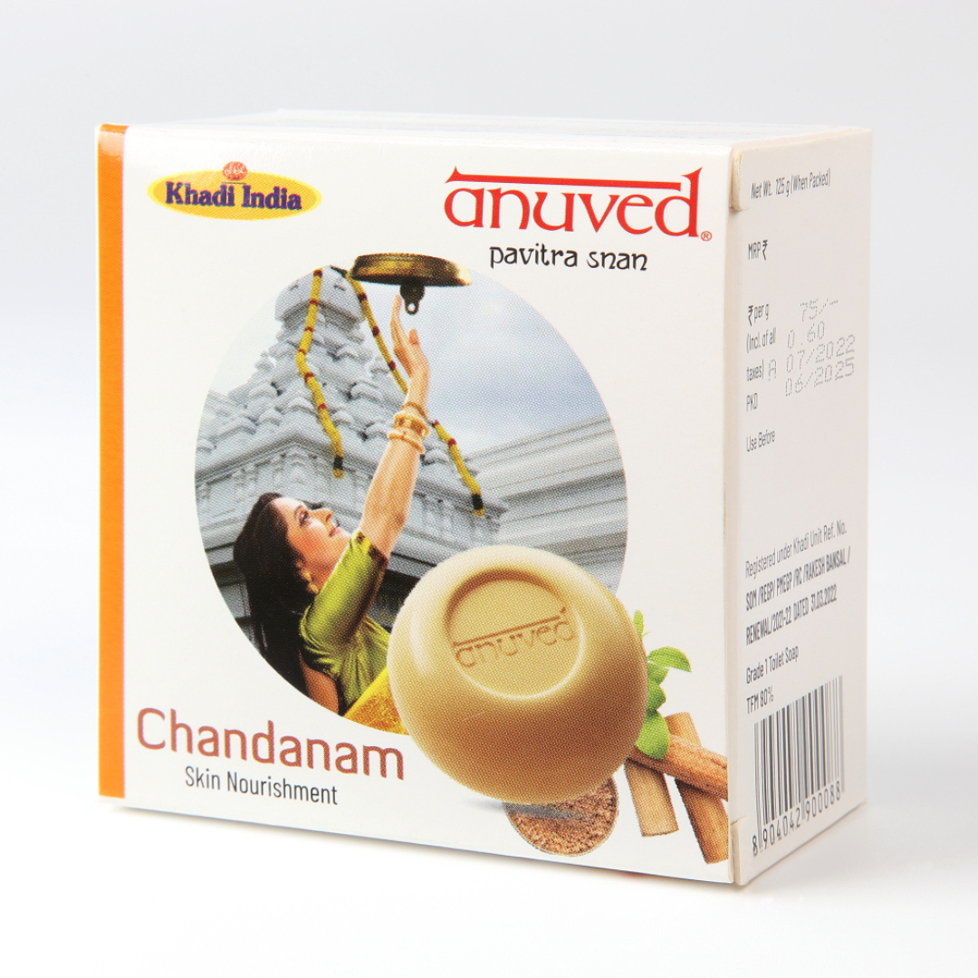 Anuved Moisturizing Combo pack contains Chandanam [Sandalwood], Panchamrit & Kesar [Saffron] herbal soaps for relaxed glowing skin 125gms each (Pack of 3)