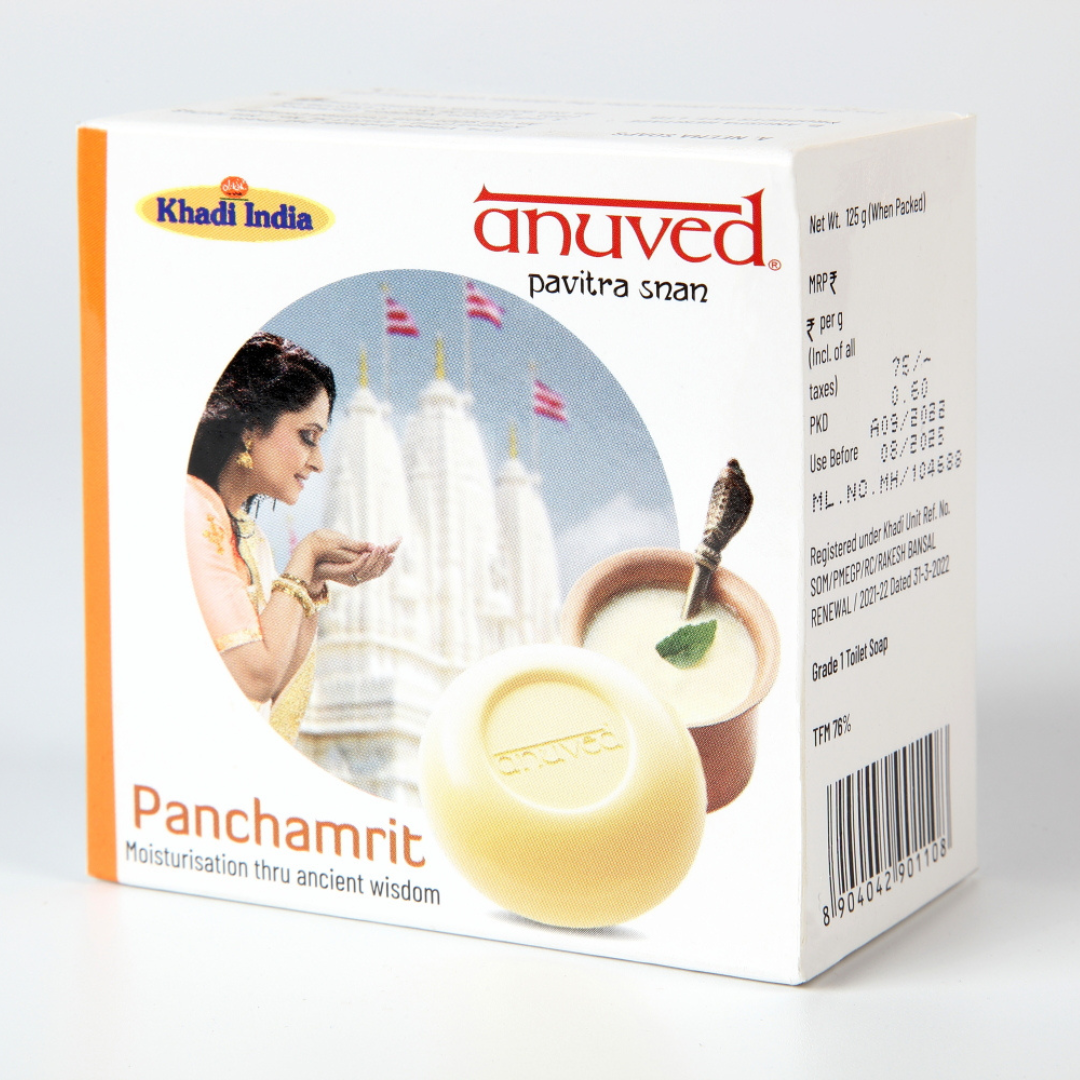 Anuved Moisturizing Combo pack contains Chandanam [Sandalwood], Panchamrit & Kesar [Saffron] herbal soaps for relaxed glowing skin 125gms each (Pack of 3)