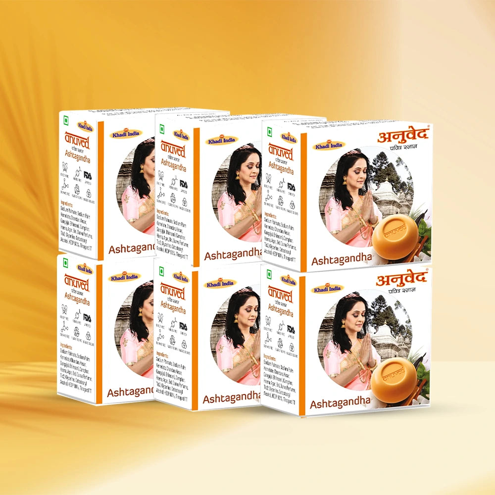 Anuved Herbal Ashtagandha Soap enriched with Rishikesh Gangajal for revitalizing your skin and senses. It contains 8 ancient Indian herbs (Tulsi, Durva, Bhimseni, Camphor, Bel, Chandan, Kesar, Heena, Agar) 125gms each (Pack of 6)