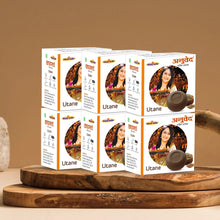 Load image into Gallery viewer, Anuved Herbal Utane (Ubtan) Soap is a natural, exfoliating wholesome cleansing Scrub enriched with 15 Exotic Indian Herbs &amp; Rishikesh Gangajal for soft &amp; glowing skin 125gms each (Pack of 6)

