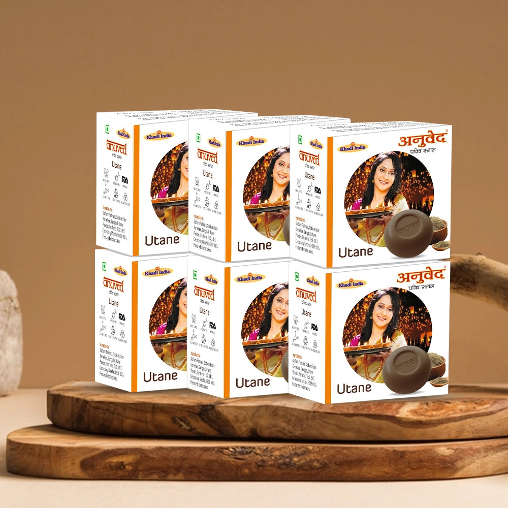 Anuved Herbal Utane (Ubtan) Soap is a natural, exfoliating wholesome cleansing Scrub enriched with 15 Exotic Indian Herbs & Rishikesh Gangajal for soft & glowing skin 125gms each (Pack of 6)