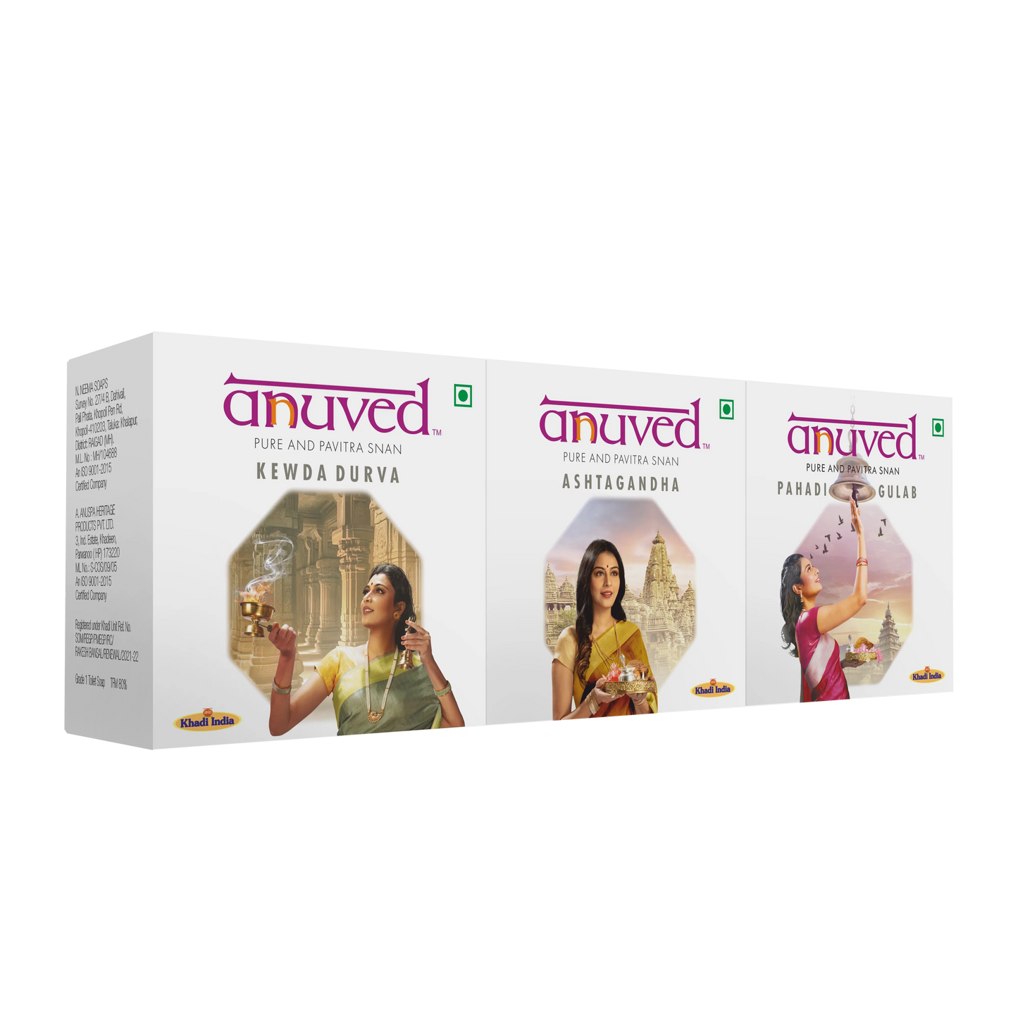 Anuved Fragrance Combo pack consists of Kewda [Fragrant Screw Pine], Ashtagandha (8 herbs), Pahadi Gulab [Rose] Soaps - 125g each (Pack of 3)