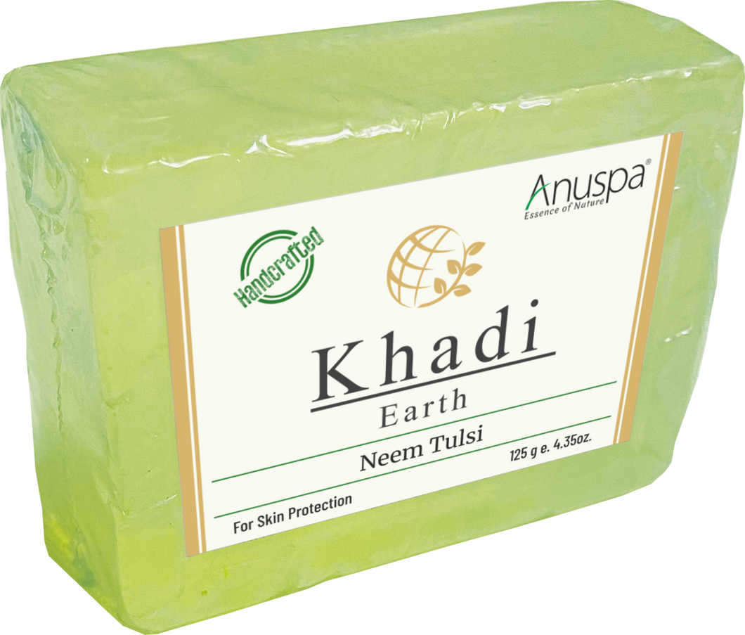 Anuspa Handcrafted Herbal Khadi Earth Neem [Indian Lilac] Tulsi [Holy-Basil] Soaps for skin protection 125gms (Pack of 3)