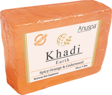 Load image into Gallery viewer, Anuspa Handcrafted Herbal Khadi Earth Spicy Orange &amp; Cedar Wood Bathing Bar restores skin suppleness 125gms
