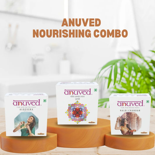 Anuved Nourishing Combo consists of Aloe Vera, Utane (Ubtan) and Haldi Chandan (Turmeric Sandal) Herbal soaps - 125g each (Pack of 3)