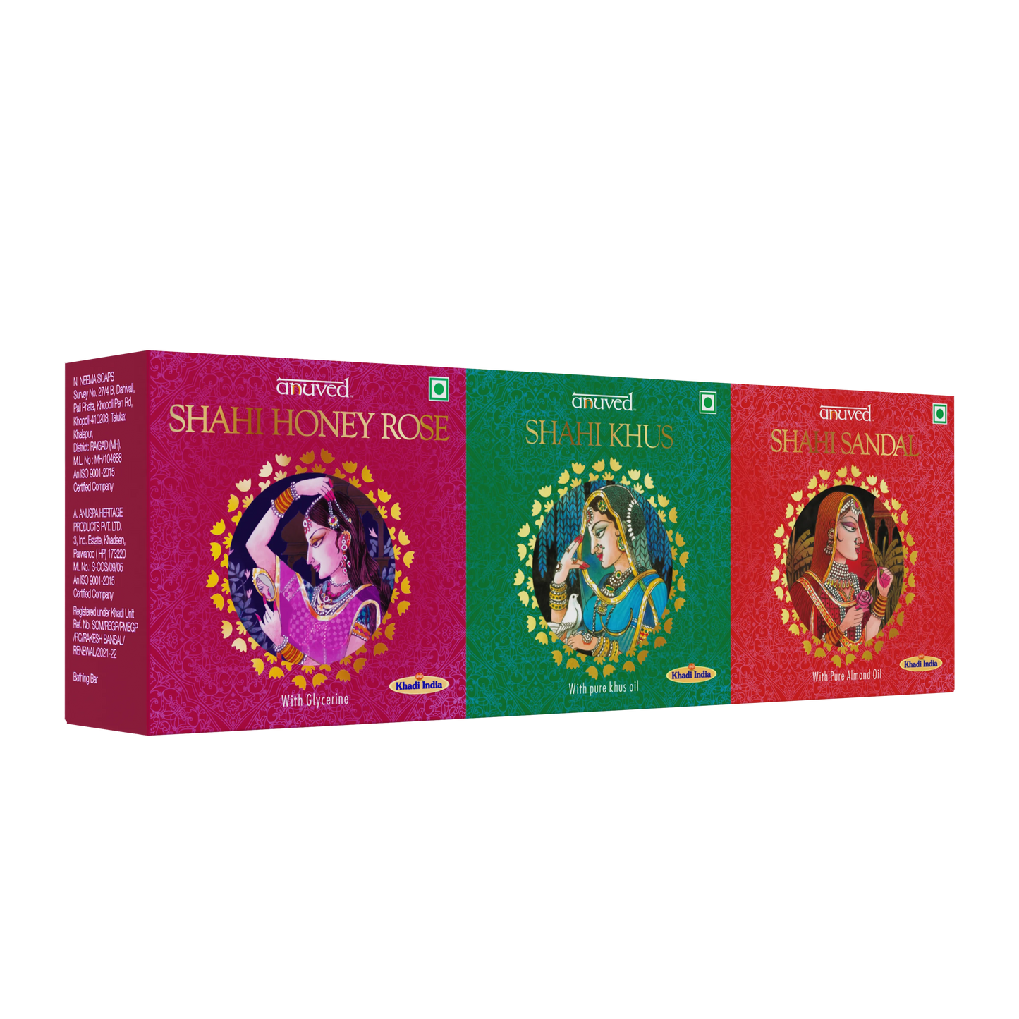 Anuved Shahi Range of Shahi Honey Rose, Shahi Khus [Vetiver] & Shahi Sandal Soap – 125g each (Pack of 3)