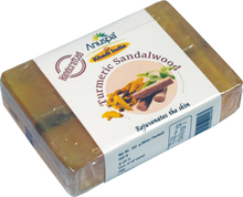 Load image into Gallery viewer, Anuspa Khadi Handcrafted Herbal Turmeric Sandalwood Soap to rejuvenate the skin 100gms
