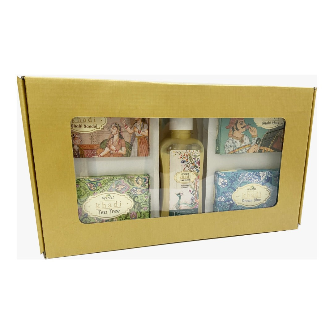 Anuspa Handcrafted Khadi Gift Set includes Shahi Khus, Shahi Sandal, Tea Tree, Ocean Blue and Sulphate Free Handwash.