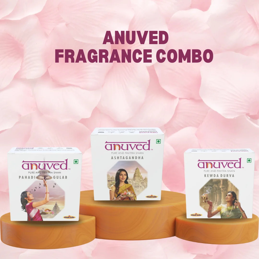 Anuved Fragrance Combo pack consists of Kewda [Fragrant Screw Pine], Ashtagandha (8 herbs), Pahadi Gulab [Rose] Soaps - 125g each (Pack of 3)