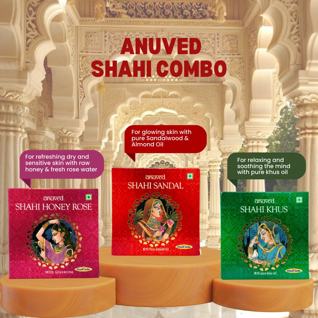 Anuved Shahi Range of Shahi Honey Rose, Shahi Khus [Vetiver] & Shahi Sandal Soap – 125g each (Pack of 3)