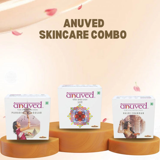 Anuved Skin Care Combo pack contains Utane [Ubtan], Haldi Chandan and Pahadi Gulab [Rose] Herbal Soaps - 125g each (Pack of 3)