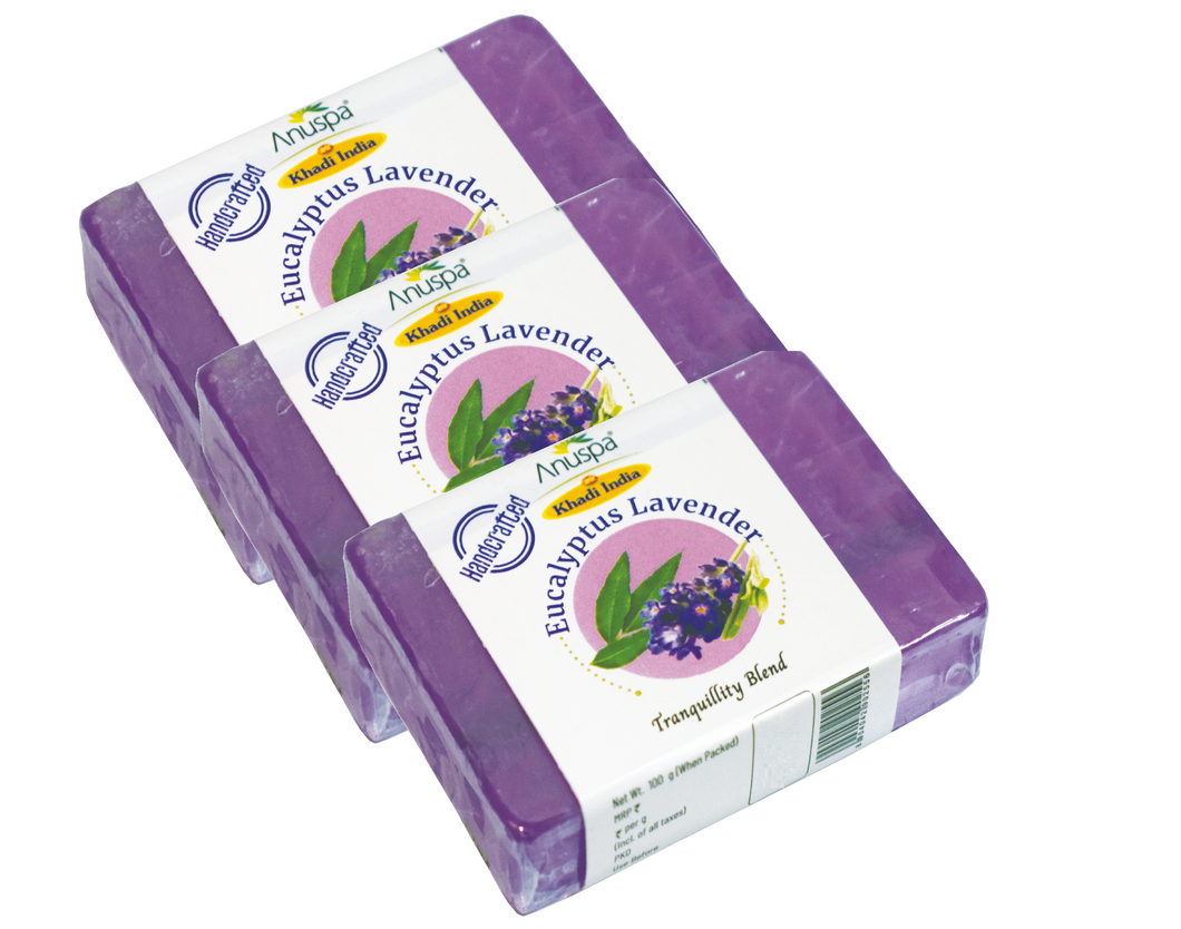 Anuspa Khadi Handcrafted Herbal Eucalyptus Lavender Soaps for tranquillity blend 100gms each (Pack of 3)
