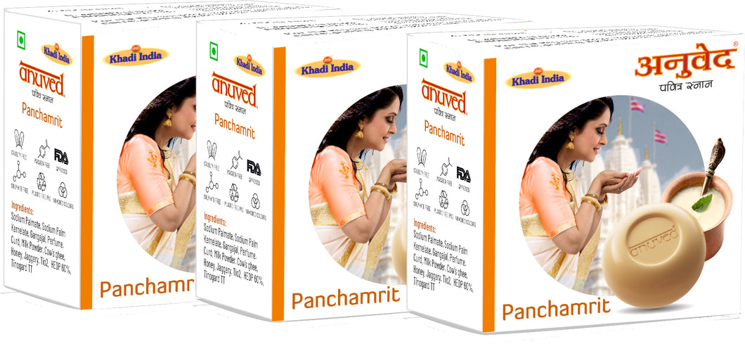 Anuved Herbal Panchamrit Soap enriched with Rishikesh Gangajal for healing & moisturizing your skin. It contains pure Cow Milk, Curd, Ghee, Jaggery & Honey 125gms each (Pack of 3)