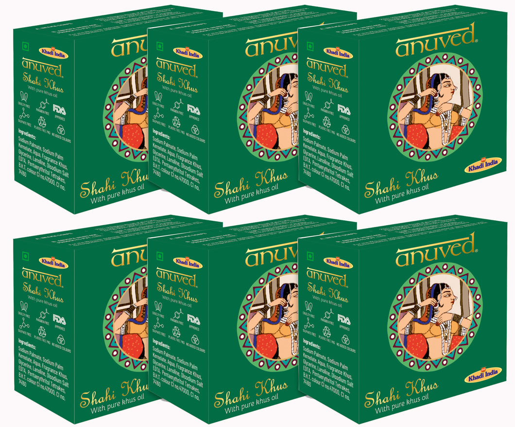 Anuved Herbal Shahi Khus [Vetiver] soap with pure Khus Oil and enriched with Rishikesh Gangajal leaves a calming, relaxing & soothing effect 125 gms each (Pack of 6)