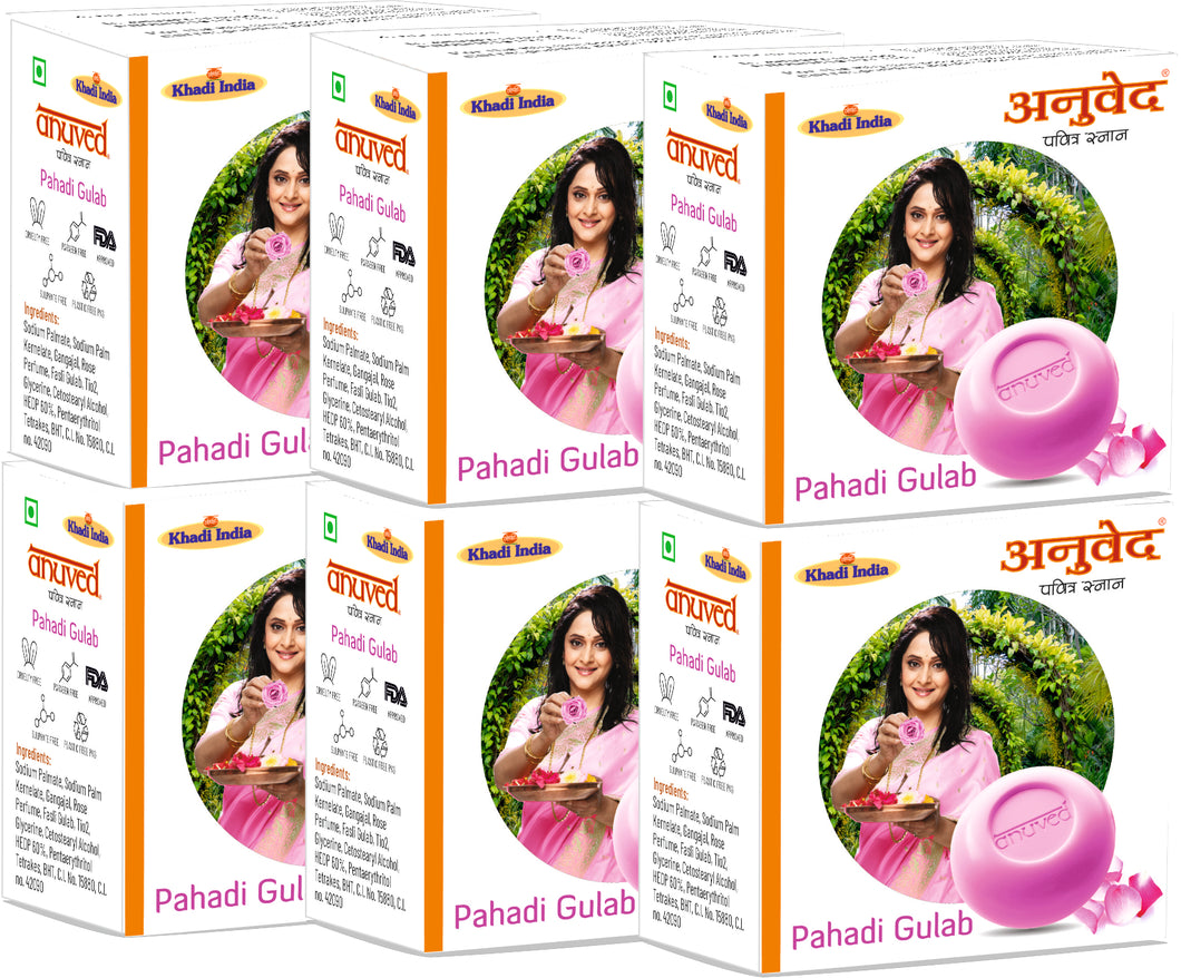 Anuved Herbal Pahadi Gulab [Rose] Soap enriched with Rishikesh Gangajal and pure Rose Water for cooling, toning & hydrating your skin into a glowing, soft, petal-like skin 125gms each (Pack of 6)