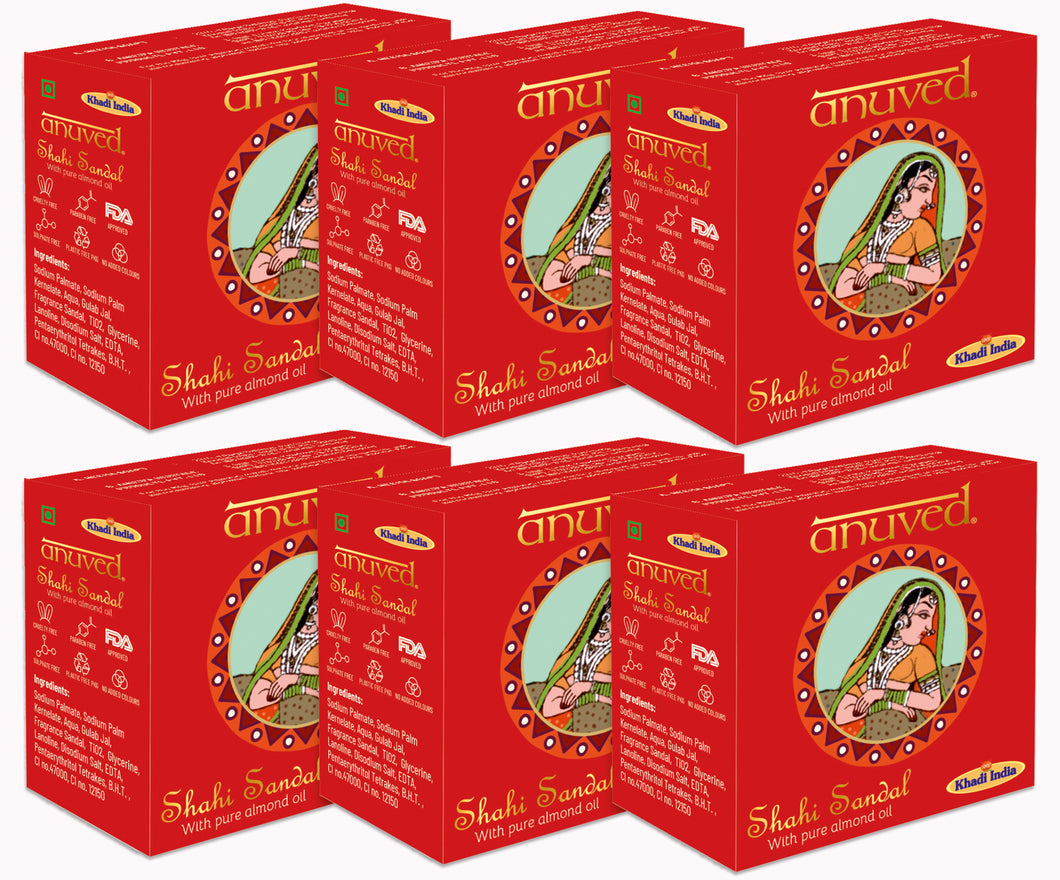 Anuved Herbal Shahi Sandal [Chandan] soap enriched with Rishikesh Gangajal contains pure Sandalwood & Almond Oil for soft & glowing skin 125gms each (Pack of 6)