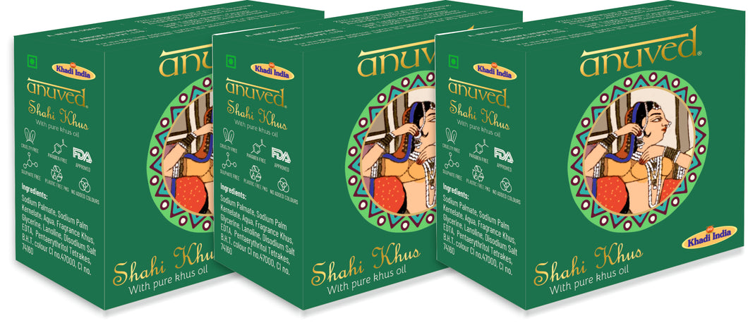 Anuved Herbal Shahi Khus [Vetiver] soap with pure Khus Oil and enriched with Rishikesh Gangajal leaves a calming, relaxing & soothing effect 125 gms each (Pack of 3)