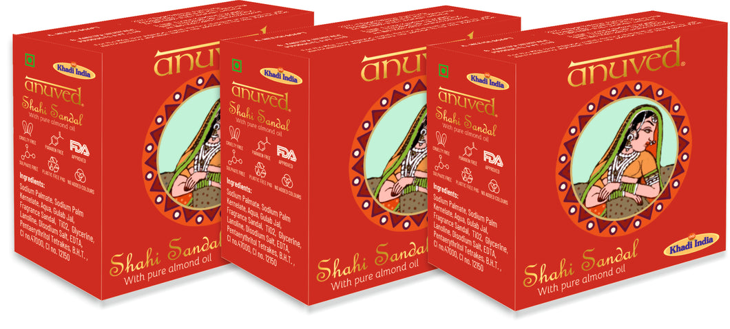 Anuved Herbal Shahi Sandal [Chandan] soap enriched with Rishikesh Gangajal contains pure Sandalwood & Almond Oil for soft & glowing skin 125gms each (Pack of 3)