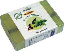 Load image into Gallery viewer, Anuspa Khadi Handcrafted Herbal Neem [Indian Lilac] Tulsi [Holy-Basil] soap for skin protection 100gms each (Pack of 10)

