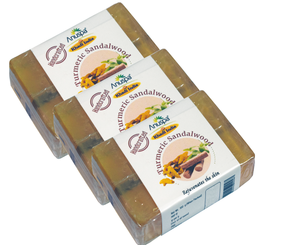 Anuspa Khadi Handcrafted Herbal Turmeric Sandalwood Soaps, It Rejuvenates the skin, Pack of 3 (100g each)