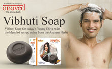 Load image into Gallery viewer, Anuved Herbal Vibhuti Men&#39;s Soap enriched with Rishikesh Gangajal is a natural Scrub infused with ashes of Sacred Herbs. This paraben free and cruelty free soap is a treat for your skin &amp; soul 125gms (Pack of 3)
